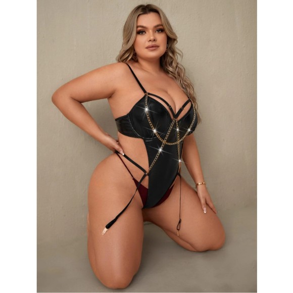 14 (1X) Black PU Leather Chain Linked Teddy Bodysuit - Picture 5 of 5